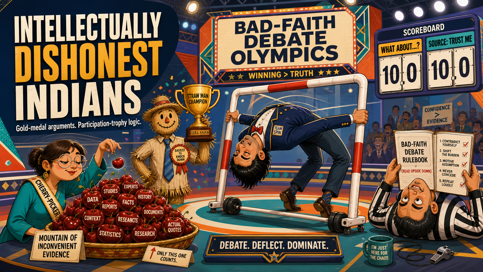 A satirical Bad-Faith Debate Olympics featuring moving goalposts, cherry-picking, and mental gymnastics